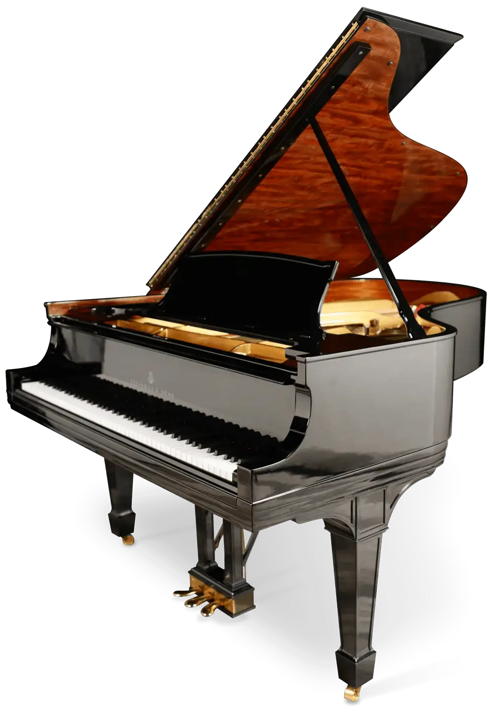High-gloss black Steinway Grand piano with a wood tone finish on the inner rim and underneath the lid.